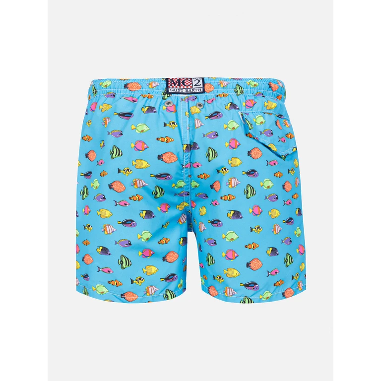 Mc2 Saint Barth Boy Light Fabric Swim Shorts With Fish Print Sky Swimshort