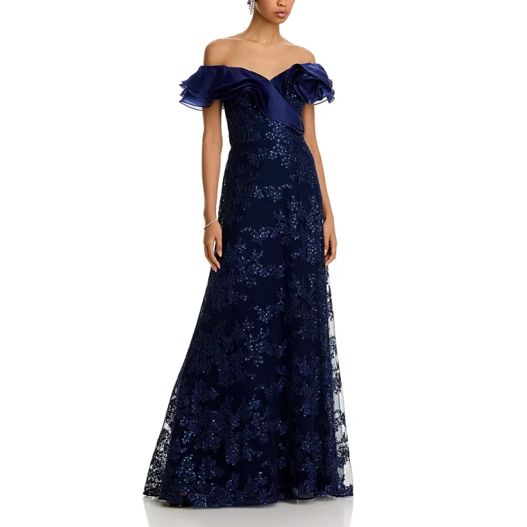 Teri Jon by Rickie Freeman Organza Off Shoulder Sequin Embroidered Tulle Gown