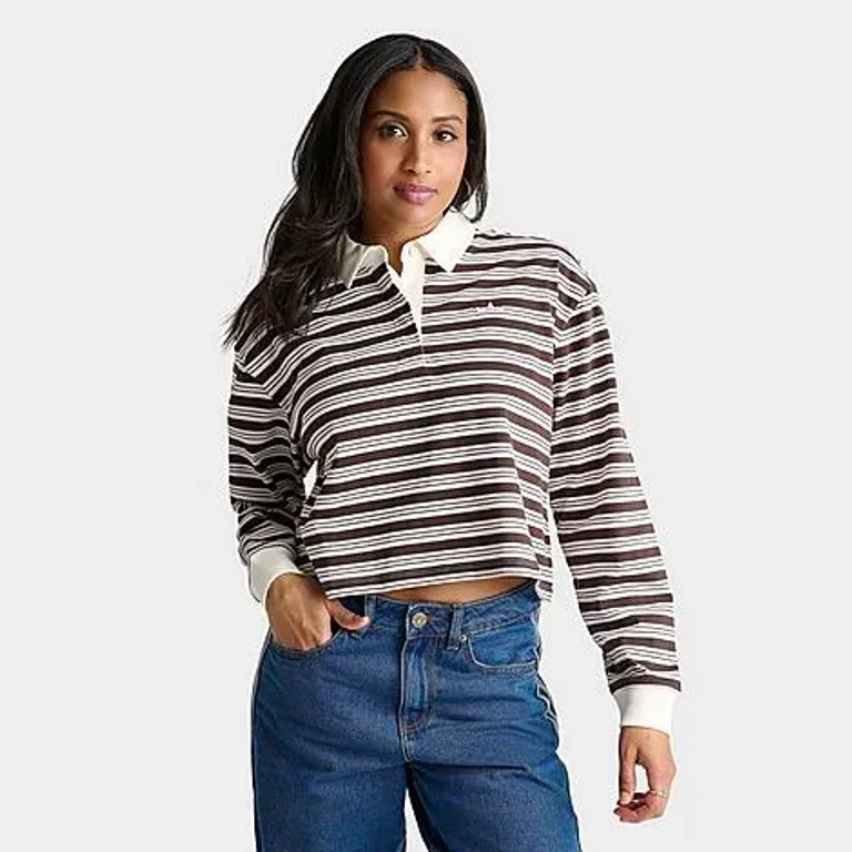 adidas Women's Originals Striped OVZD Long-Sleeve Polo T-Shirt in Sandy Pink Size: XS