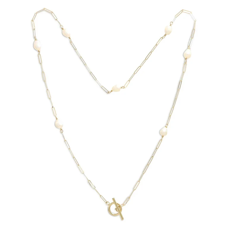 Fine Collection Mother of Pearl Station Paperclip Link Toggle Necklace in 14K Yellow Gold, 18