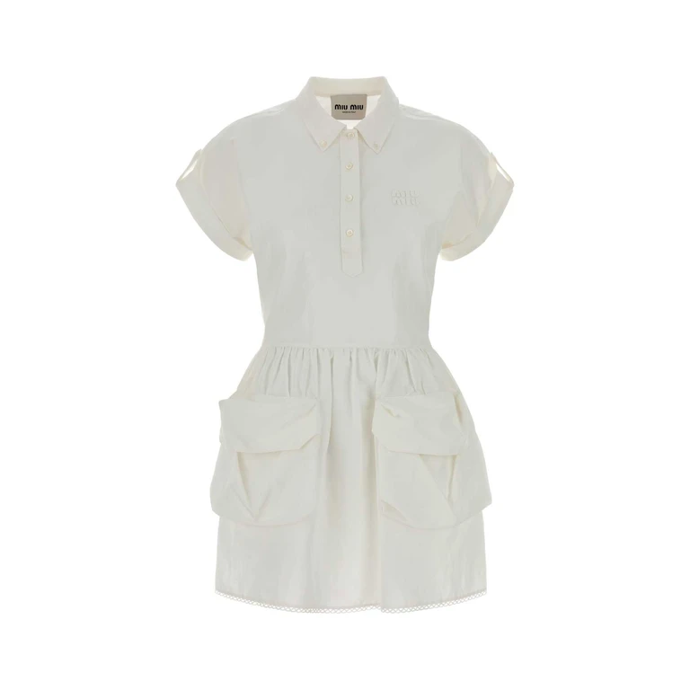 Miu Miu White Cotton Blend Dress Bianco Exterior: Linen Abiti - Women