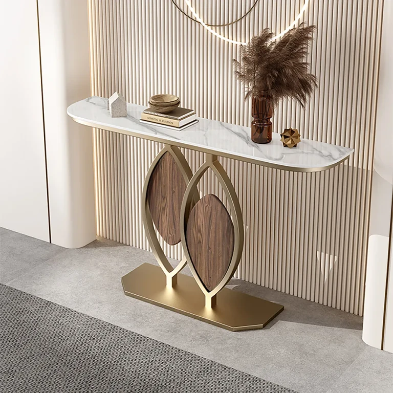 39.4" White Console Table Wooden Accent Table For Entryway with Sintered Stone Top & Abstract Base in Rose Gold & Walnut Finish