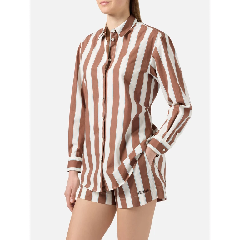 Mc2 Saint Barth Brigitte Cotton Shirt With Brown Stripes And Sport Club Embroidery - Women