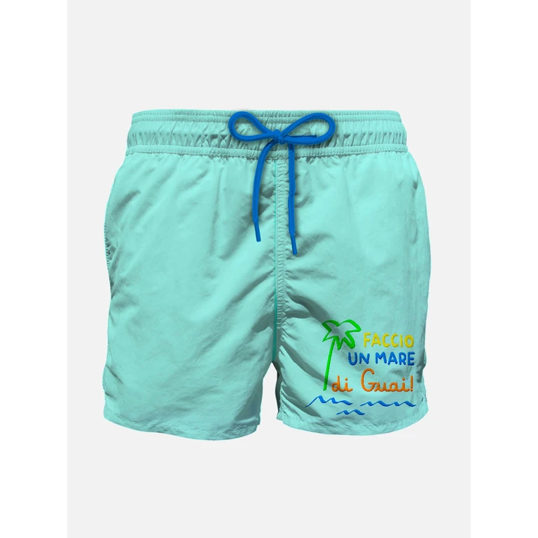 Mc2 Saint Barth Boy Swim Shorts With Faccio Un Mare Di Guai! Embroidery Green Swimshort