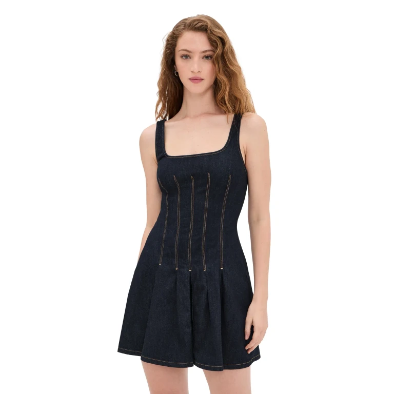 ALICE + OLIVIA Hollis Flared Denim Mini Dress Dark Rinse 6