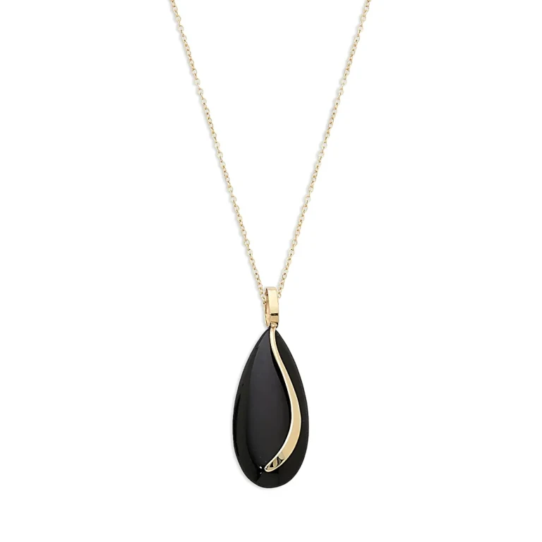 14K Yellow Gold Onyx Almond Pendant Necklace, 18