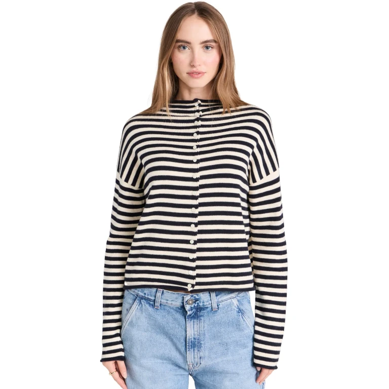 Alex Mill Taylor Cardigan in Stripe Cotton Cashmere Blend Navy/Ivory M