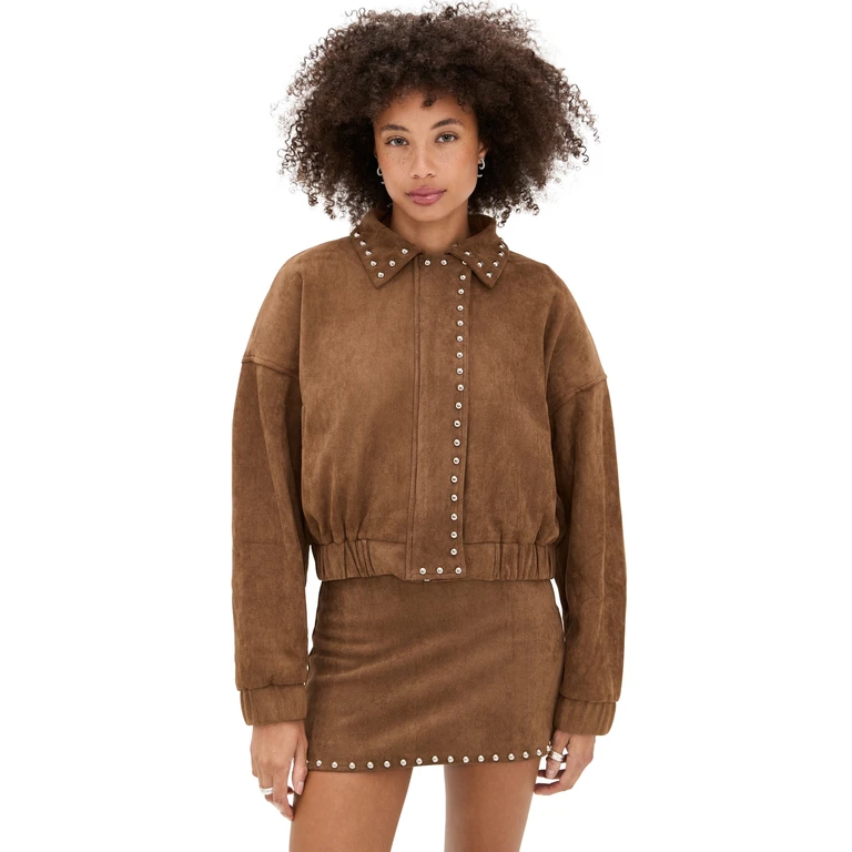 Moon River Stud Detail Zipper Front Faux Suede Jacket Camel L