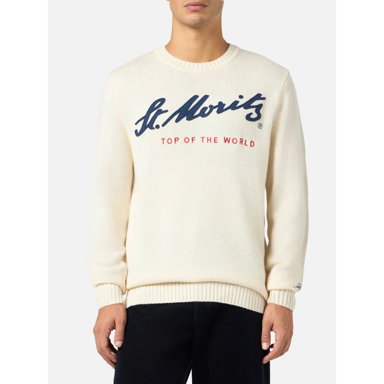 Mc2 Saint Barth Man White Sweater Bombardino With St. Moritz Top Of The World Print Special Edition Grey - Men