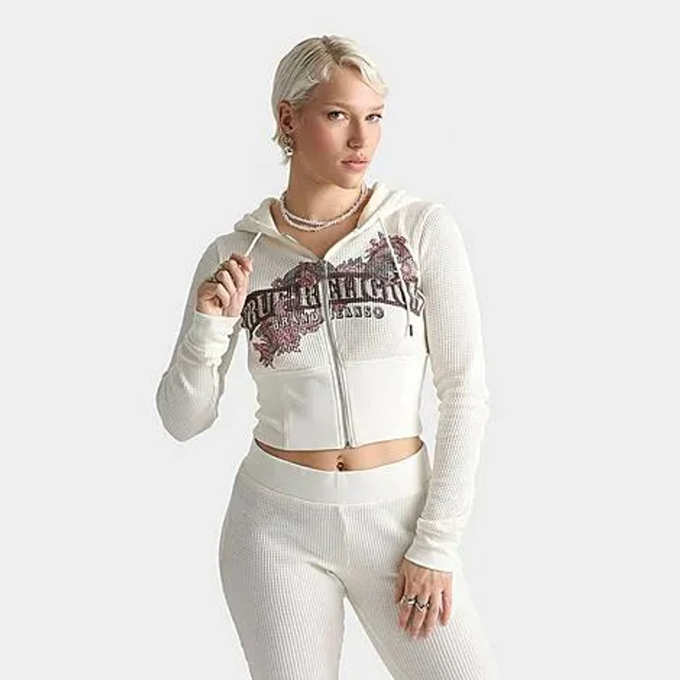 True Religion Women's Waffle Knit Contour Full-Zip Hoodie in Cream Size: XS