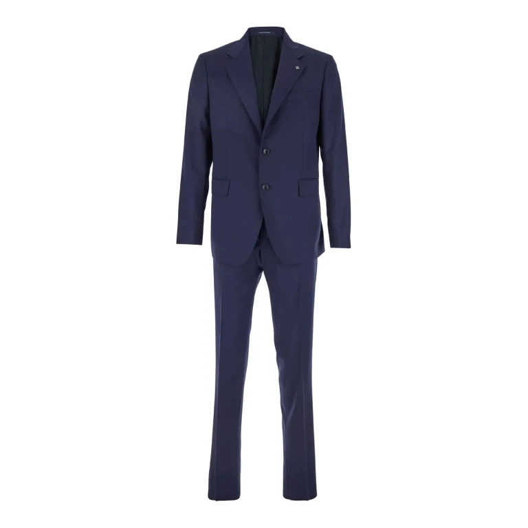 Tagliatore Blue Single-breasted Suit With Notched Revers And Brooch Detail On The Front In Wool Man