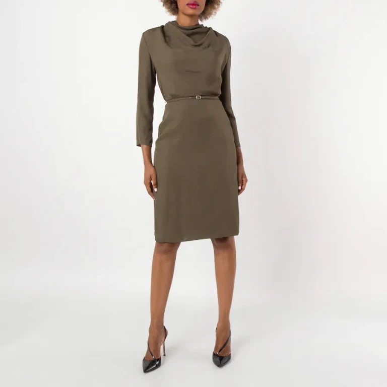 Bally Military Green Cowl-Neck Belted Midi Dress