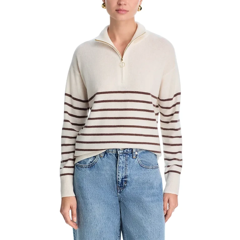 Mock Neck Quarter Zip Striped Cashmere Sweater - Exclusive