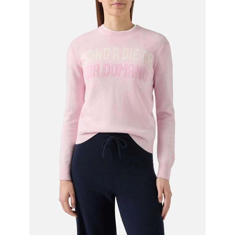 Mc2 Saint Barth New Queen Crewneck White With Sono A Dieta (domani) Jacquard Pink - Women