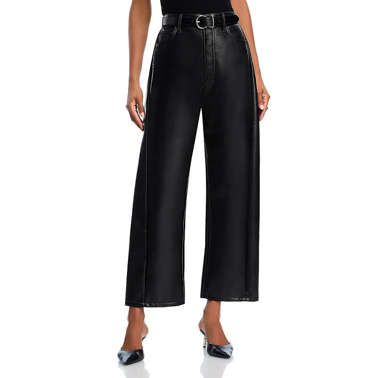 Mother The Halfpipe Flood High Rise Leather Jeans in Black Black
