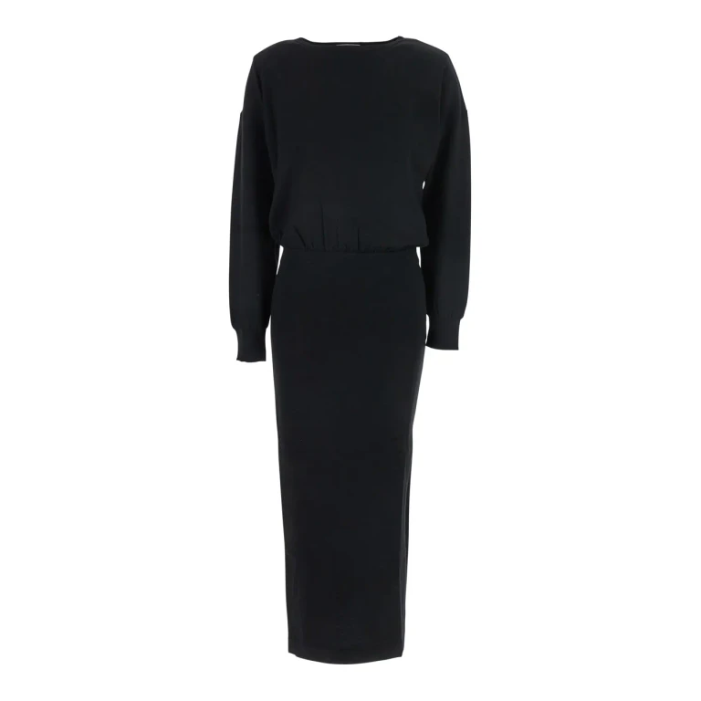 Parosh Black Round Neck Dress With Draped Waist In Wool Blend Woman