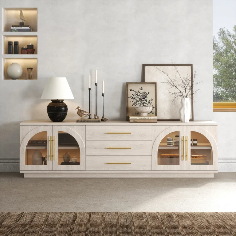 Arune 72" Mid Century Modern Black TV Stand with LED Lights and Arched Glass Cabinet Doors