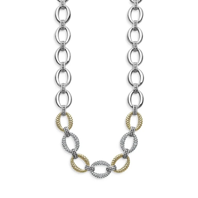 Lagos Sterling Silver & 18K Yellow Gold Caviar Luxe Diamond Link Necklace, 18