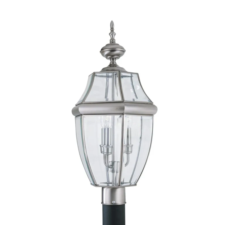Antique Brushed Nickel Three Light Outdoor Post Lantern from the Lancaster Collection