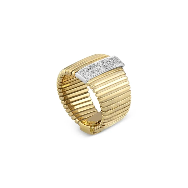 18K Yellow Gold Via Mercanti Tubogas Diamond Pave Wide Band Ring