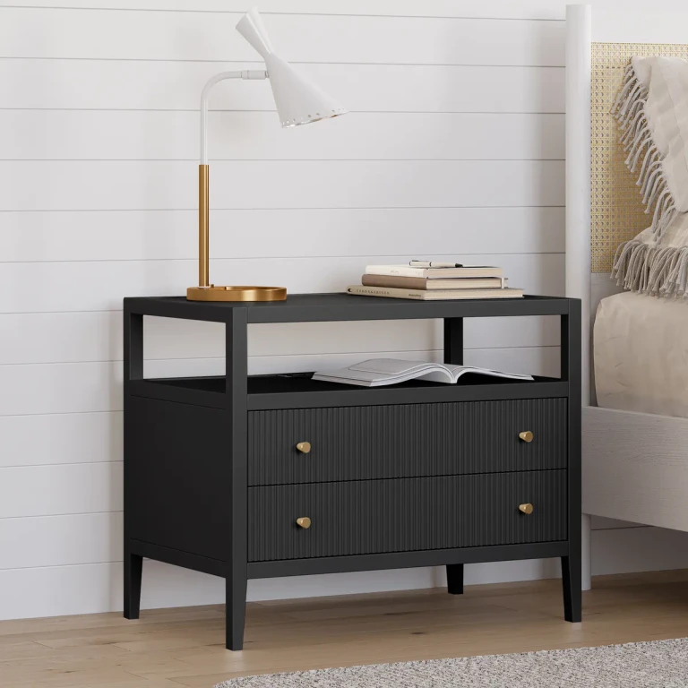 30" Wide Long Modern Smart Nightstand Fluted Bedside Table with 2 Drawers & Charging Station in Gold Handles