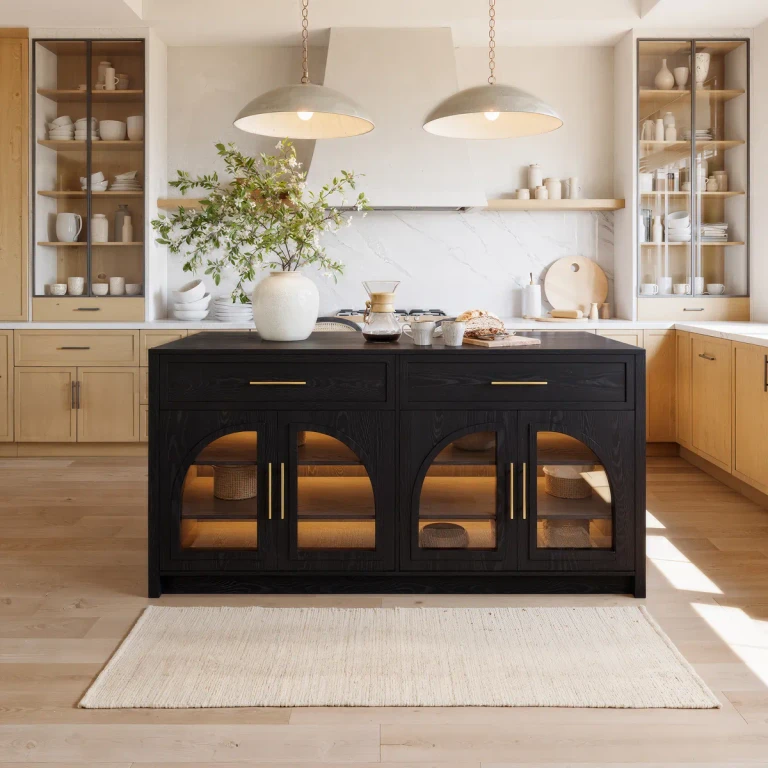 71" Modern Style Black Kitchen Islands with Glass Doors & Drawers