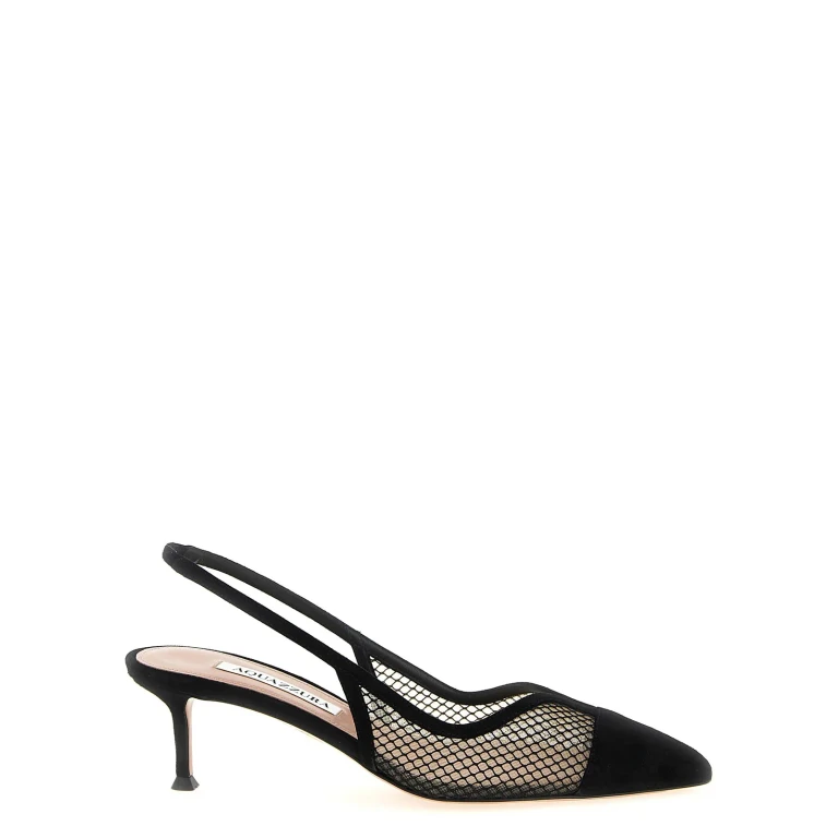 Aquazzura gia Black Slingback Pumps With Pointed Toe And Mesh Panels In Suede Woman