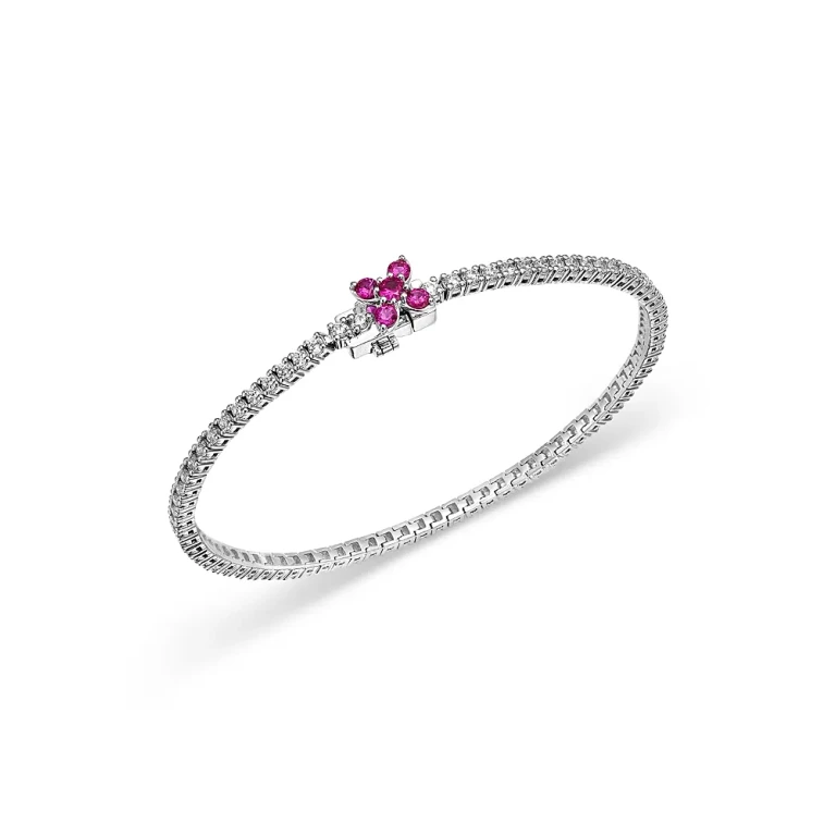 Ruby & Diamond Clover Tennis Bracelet in 14K White Gold