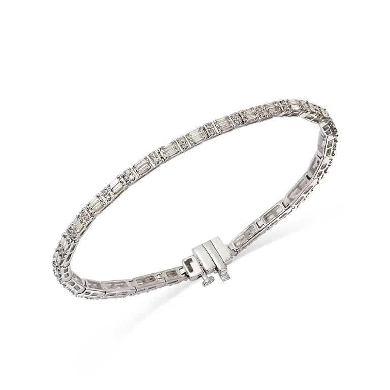 Diamond Round & Baguette Tennis Bracelet in 14K White Gold, 1.4 tcw