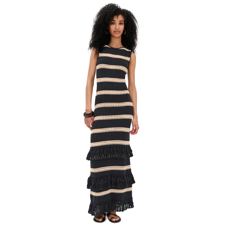RAILS Ana Ruffle Tiered Dress Black Oat Stripe S