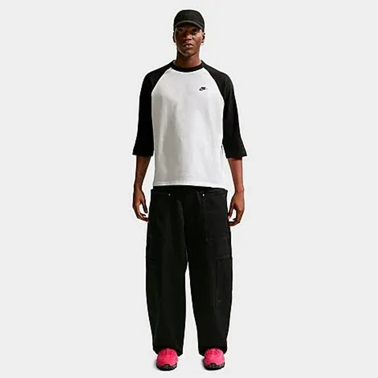 Nike Men's Sportswear Club Three Quarter-Sleeve Raglan Top in Black/White Size: XS