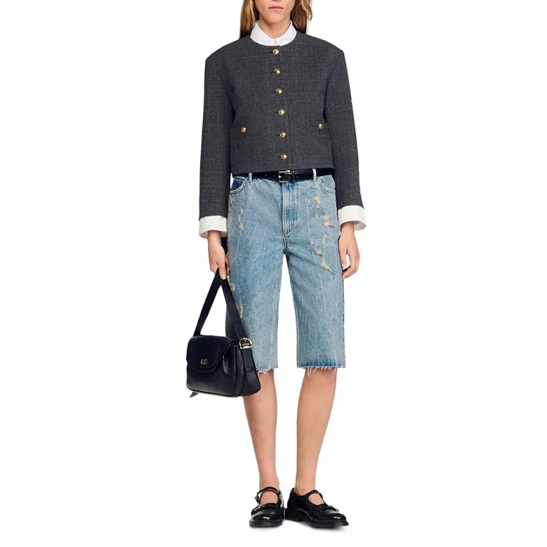 Sandro Distressed Denim Bermuda Shorts in Blue Jean