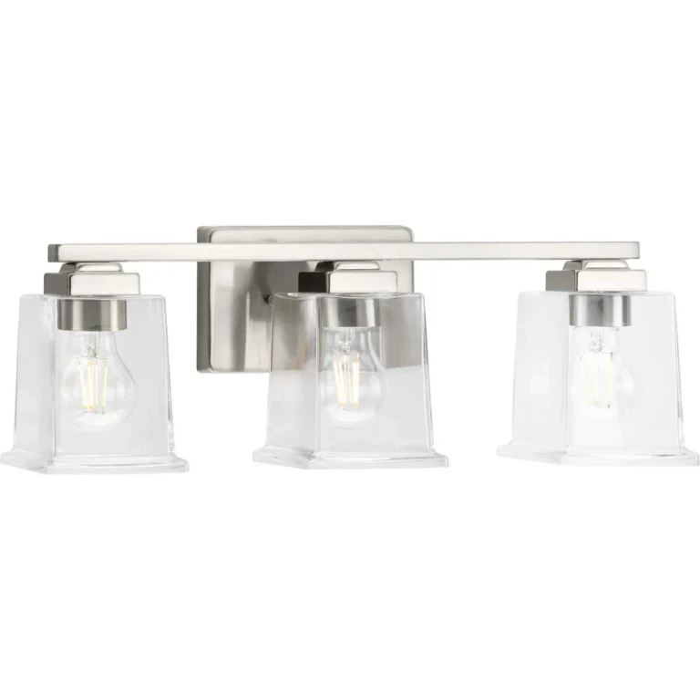 Brushed Nickel Three Light Bath Vanity from the Gilmour Collection