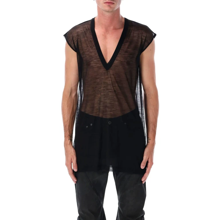 Rick Owens Black Sheer Wool Deep V Tank