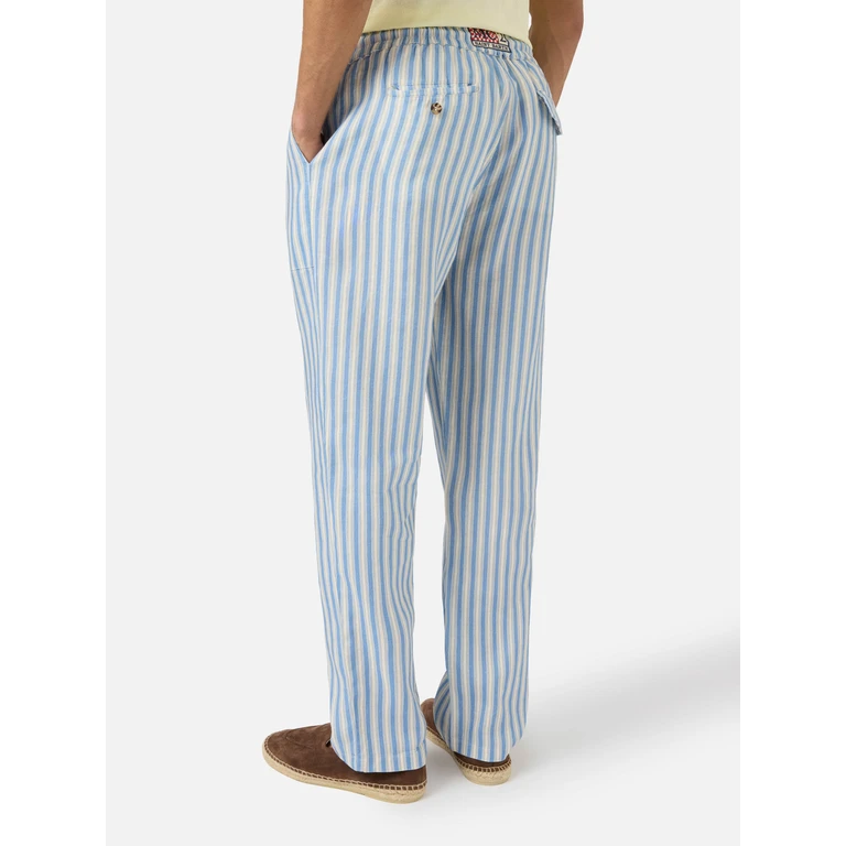 Mc2 Saint Barth Calais Long Linen Pants With Cream And Light Blue Stripes - Men
