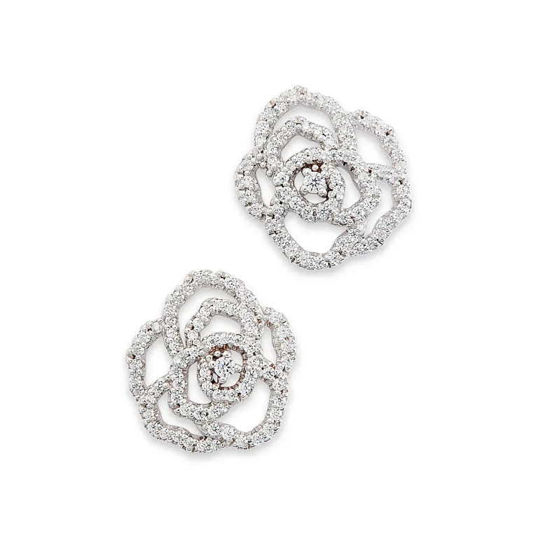 Diamond Rose Flower Openwork Stud Earrings in 14K White Gold, 0.30 tcw