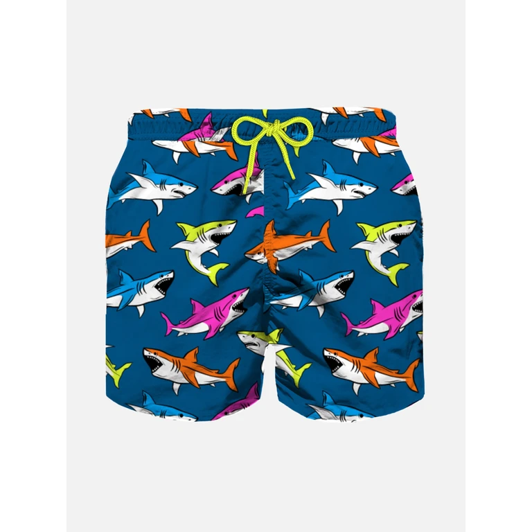 Mc2 Saint Barth Boy Swim Shorts With Multicolor Sharks Print Blue Swimshort