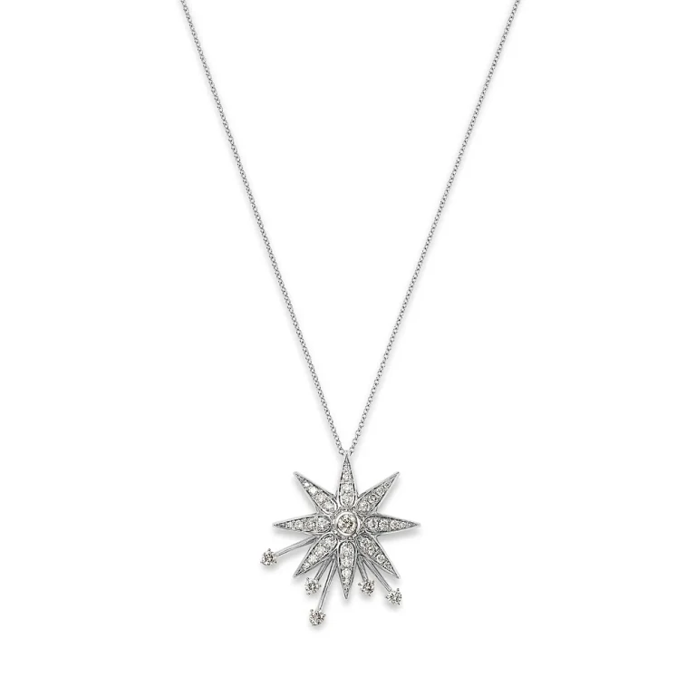 Diamond Starburst Pendant Necklace in 14K White Gold, 1.23 tcw