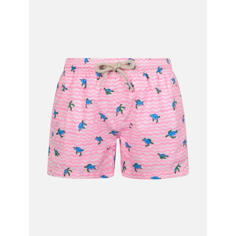 Mc2 Saint Barth Boy Comfort Light Swim Shorts With Sea Turtles Print Pink Swimshort