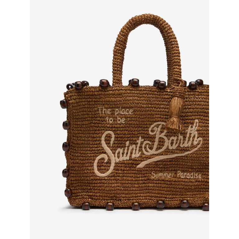 Mc2 Saint Barth Colette Raffia Brown Handbag With Beads And Logo Embroidery Bag - Unisex