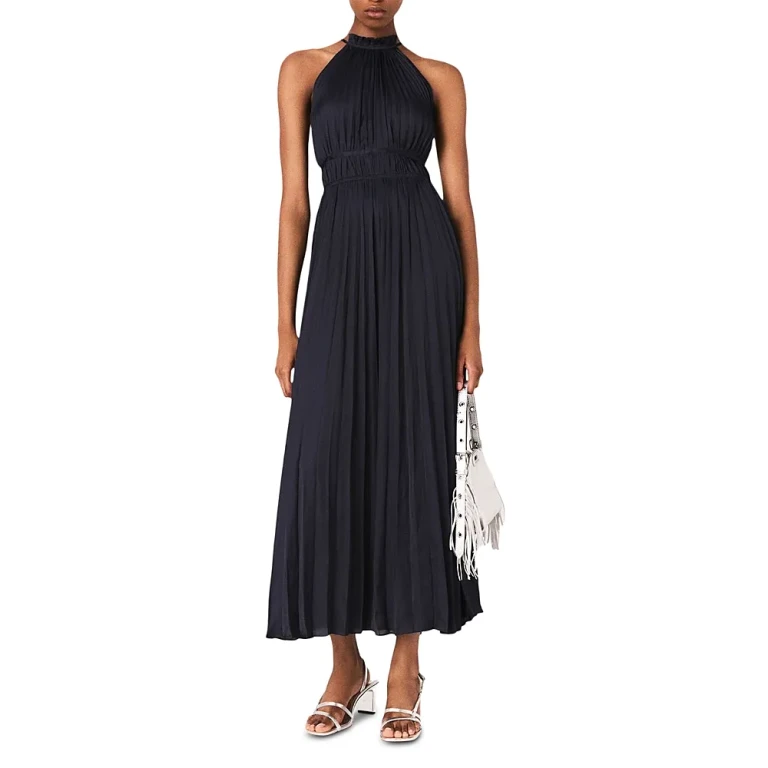 Maje Revilly Pleated Satin Maxi Dress