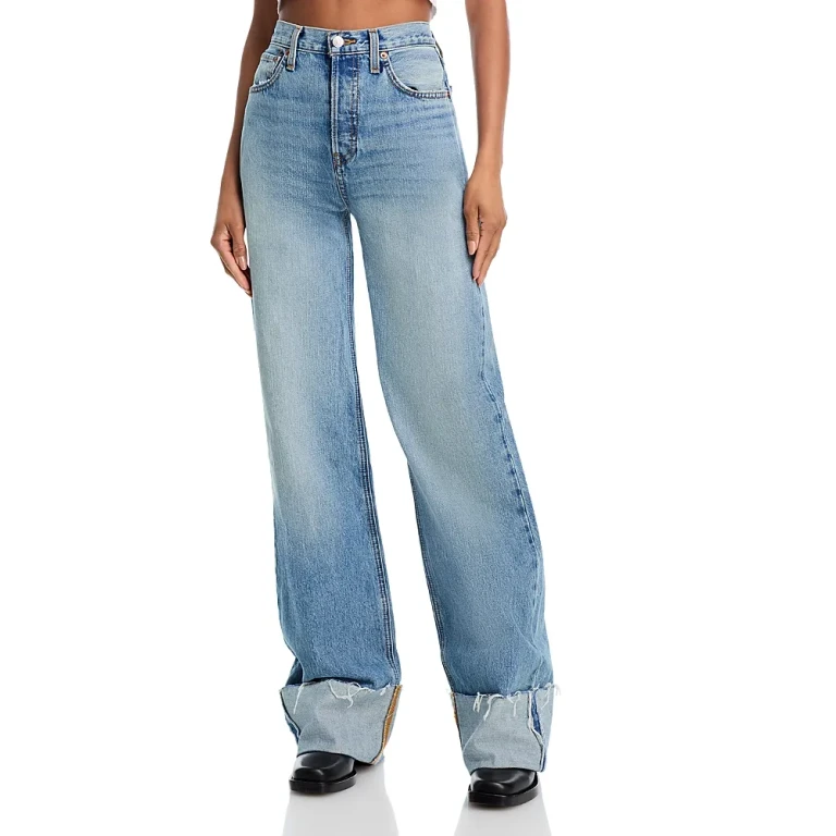 Re/Done High Rise Wide Leg Cuffed Jeans in Vintage Biker Blue