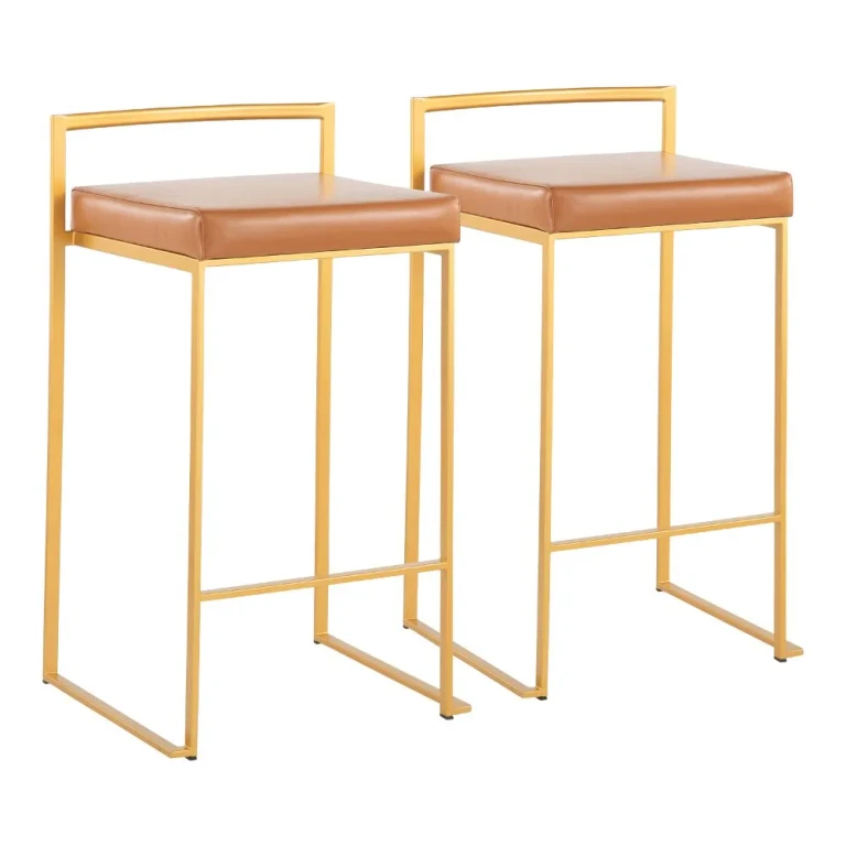 Fuji Low Back Gold & Camel Faux Leather Counter Stools, Set of 2