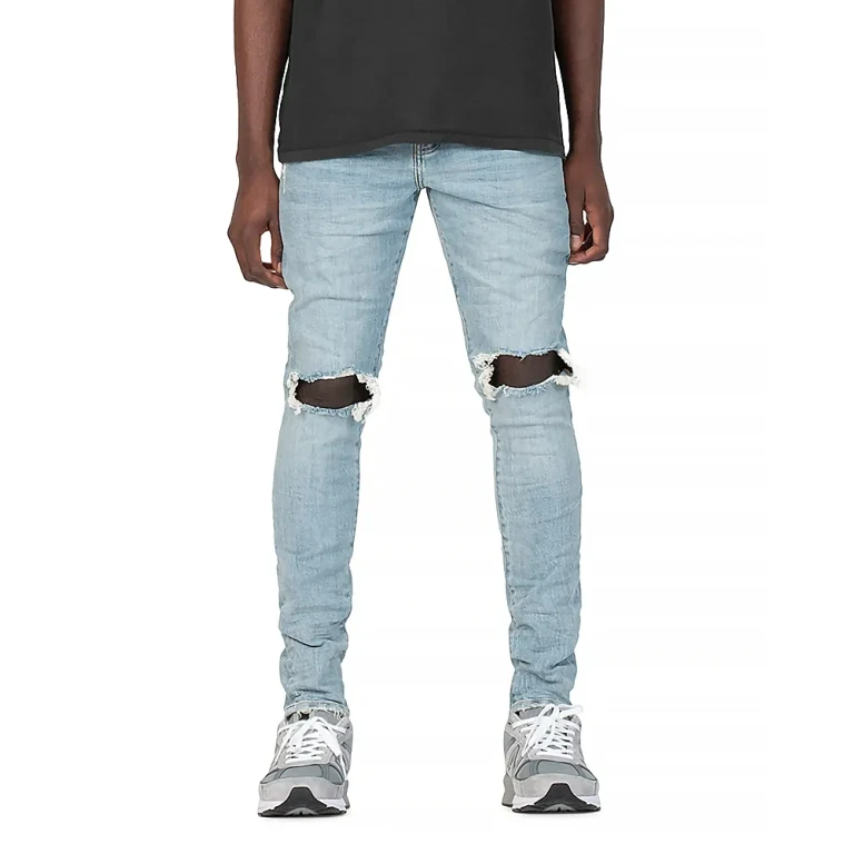 Purple Brand Dropped Slim Fit Destroyed Jeans in Light Indigo