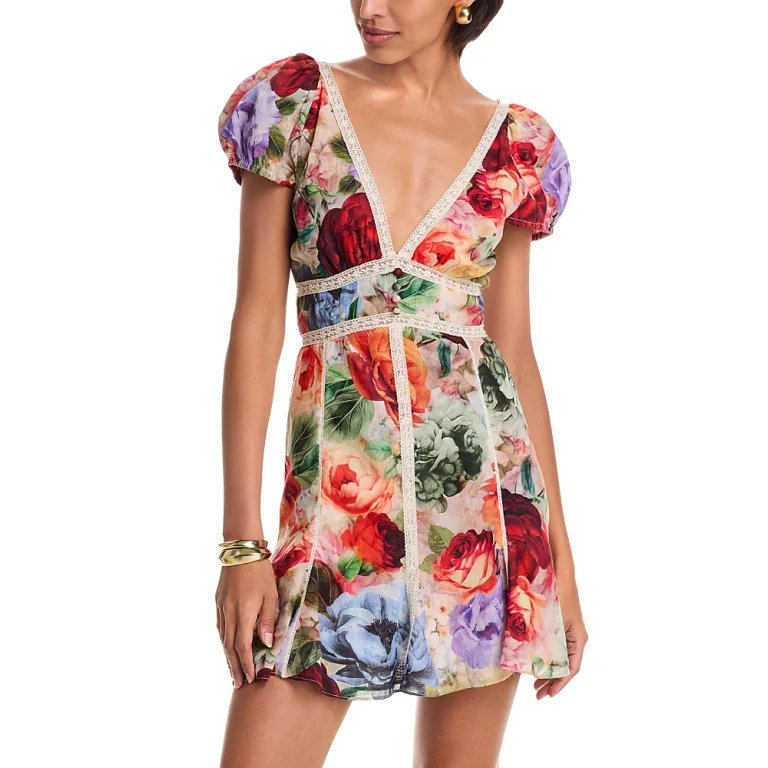 Alice and Olivia Lara Deep V Neck Lace Trim Mini Dress