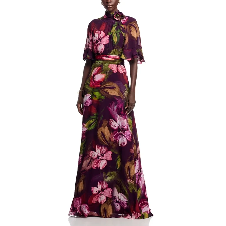 Teri Jon by Rickie Freeman Floral Flutter Sleeve Mock Neck Gown