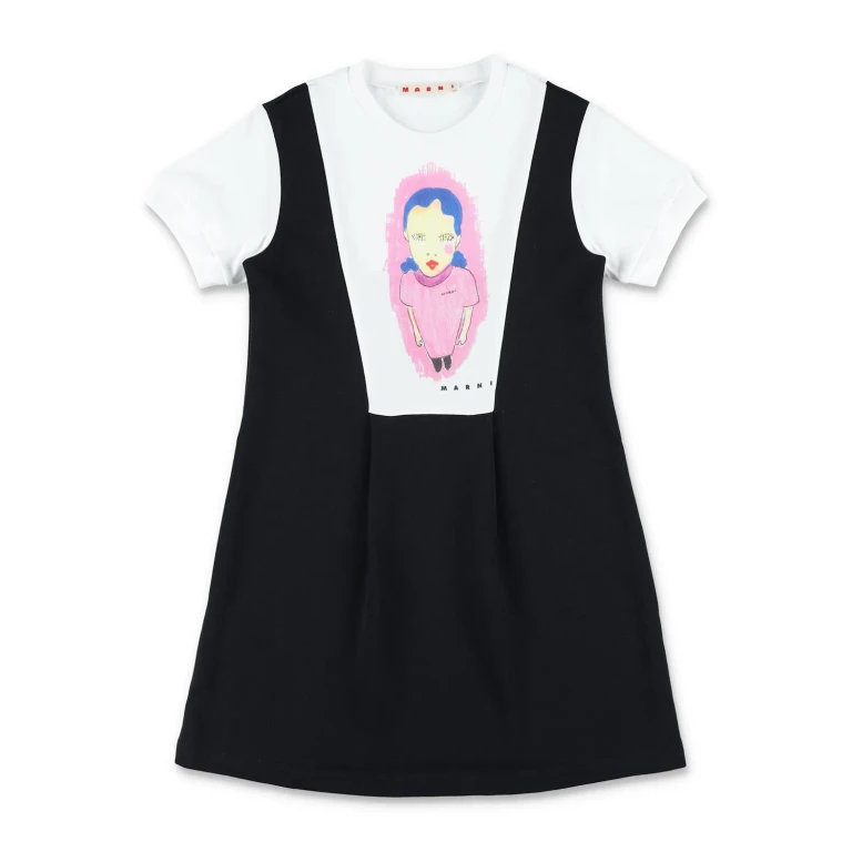 Girl's Flared Cotton Dress with Graphic Print and Embroidery (M01685M00V10M900)