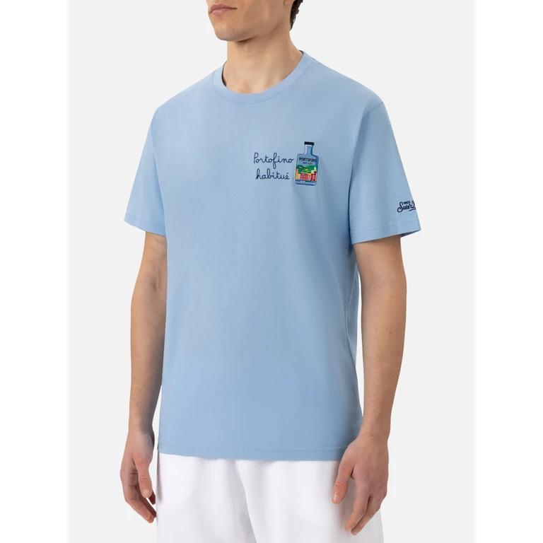 Mc2 Saint Barth Cotton T-Shirt With Portofino Habituè Embroidery portofino Dry Gin Special Edition Blue - Men