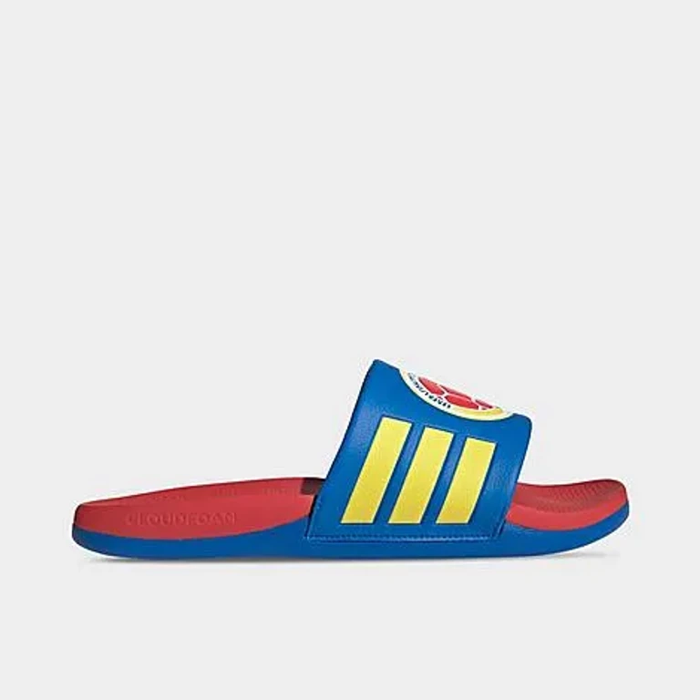 adidas Men's Colombia Adilette Comfort 2.0 Slide Sandals in Glory Blue/Semi Lucid Red/Impact Yellow Size: 4.0