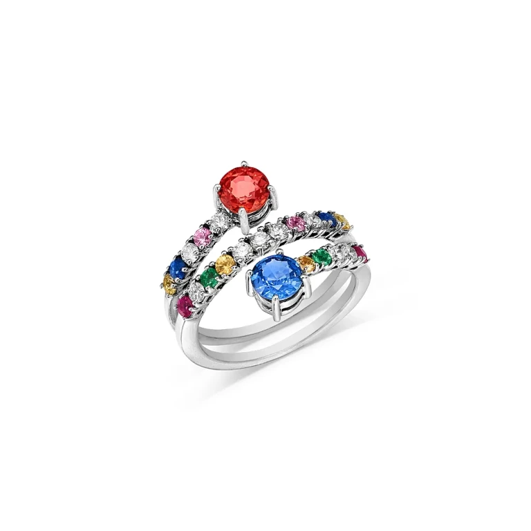 Ruby, Emerald & Rainbow Sapphire Wrap Ring in 14K White Gold